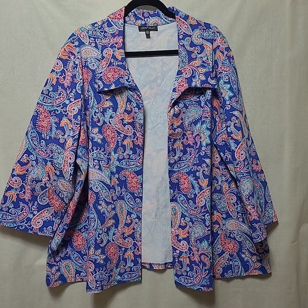 Slinky Brand Womens Blazer Size 3X Paisley Blue Stretch Comfort Open Front